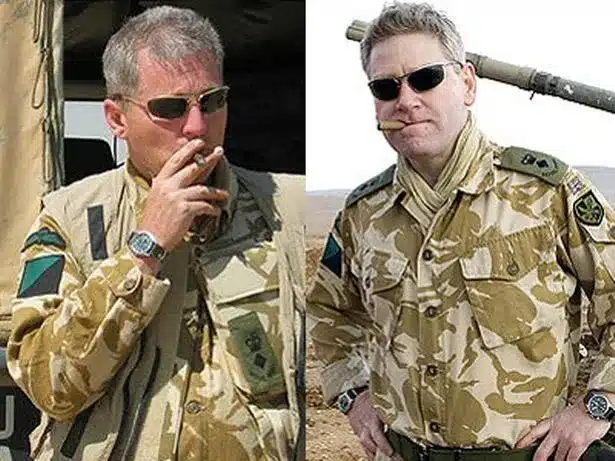 Defence industry videos image features Kenneth Branagh in british army desert camouflage playing colonel Time Collins in the tv show ten days to war. This is alongside an image of Tim himself.
