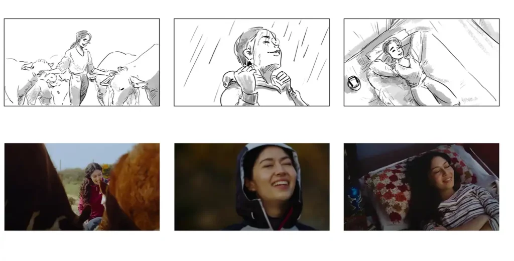 Hipcamp Brand video storyboard comparison contains 3 sets of drawings and still images taken from a film. The first is a woman with cows, the second is a woman looking up at rain and the third is a woman relaxing in a tent.